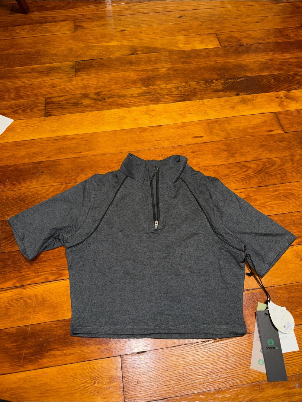 Mono B Charcoal Short-Sleeve Mock Neck Zip Crop Top